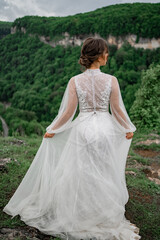 Fototapeta premium view from back. bride in a wedding dress posing in mountains. clothes for bride