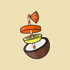 Cocktail illustration with coconut, lemon and orange with a straw