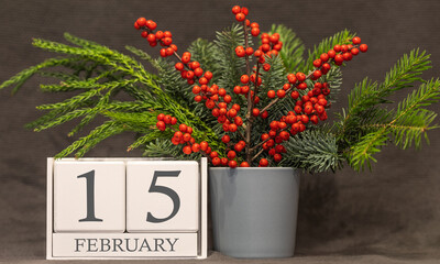 Memory and important date February 15, desk calendar - winter season.
