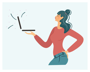Fototapeta premium A pretty girl is holding a laptop in her hands. A young successful woman in a pink dress is working at a computer. Distance learning, freelance, blogging. Vector illustration. Cartoon flat style.