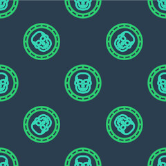 Line Pirate coin icon isolated seamless pattern on blue background. Vector