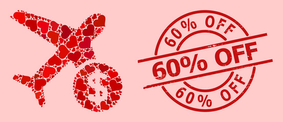 Rubber 60% Off stamp seal, and red love heart mosaic for airflight price. Red round stamp includes 60% Off title inside circle. Airflight price mosaic is organized of red dating items.