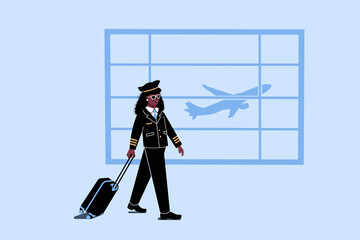 Pilot in airport on the way to board a plane. Female aircraft pilot in uniform walking through terminal with airplane takeoff in background. Jumbo commercial passenger plane professional pilot. - obrazy, fototapety, plakaty