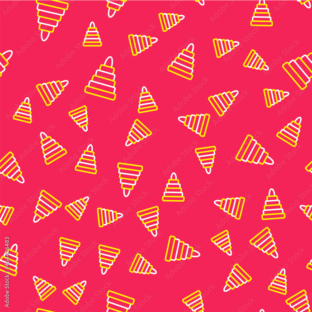 Poster line pyramid toy icon isolated seamless pattern on red background. vector