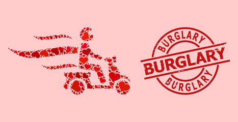 Distress Burglary stamp, and red love heart mosaic for fast motorbike courier. Red round stamp seal contains Burglary text inside circle. Fast motorbike courier mosaic is made from red amour icons.