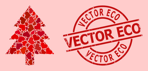 Grunge Vector Eco stamp seal, and red love heart collage for fir tree. Red round seal has Vector Eco text inside circle. Fir tree collage is organized of red valentine symbols.