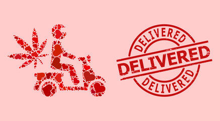 Rubber Delivered stamp seal, and red love heart pattern for marijuana motorbike delivery. Red round stamp seal has Delivered caption inside circle.