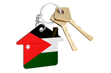 Real estate in Jordan. Home keychain with Jordanian flag. Property, rent or mortgage concept. 3D rendering