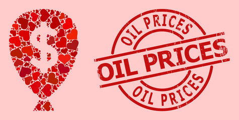 Rubber Oil Prices stamp seal, and red love heart pattern for financial inflation balloon. Red round stamp seal includes Oil Prices tag inside circle.