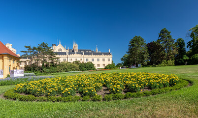 Fototapeta na wymiar Lednice Chateau with beautiful gardens and parks on sunny summer day