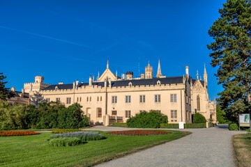 Fototapeta na wymiar Lednice Chateau with beautiful gardens and parks on sunny summer day