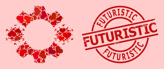 Distress Futuristic badge, and red love heart collage for virus nanobot. Red round badge contains Futuristic tag inside circle. Virus nanobot collage is made of red romance symbols.