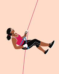 Rappelling rock climbing sport. Female Abseiling professional. Extreme sport athlete outdoor activity. Rope access in nature.
