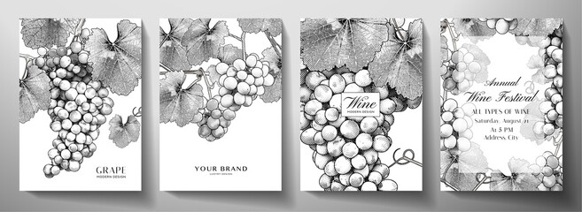 Wine set (collection). Grape bunch (vine) with leaves on background. Black and white vintage vector illustration for wine products, catalog or label design template, wine list, restaurant