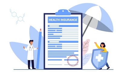 Health insurance claim form concept Big clipboard with document on it under the umbrella Healthcare Finance and medicine service Family insurance vector illustration in cartoon style Medical form