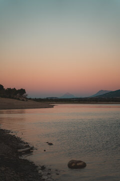Sunset in Yesa swamp shore in northern Spain