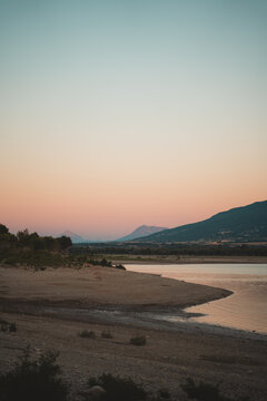 Sunset in Yesa swamp shore in northern Spain