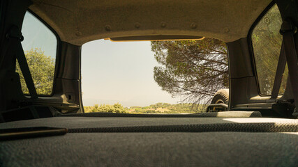 View from inside a van trunk with a flat surface for sleeping
