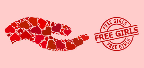 Rubber Free Girls stamp seal, and red love heart pattern for asking hand. Red round stamp seal has Free Girls title inside circle. Asking hand mosaic is constructed of red amour icons.