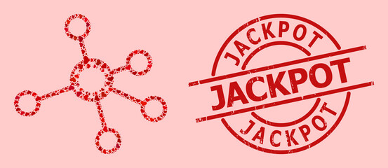 Scratched Jackpot seal, and red love heart collage for virus nodes. Red round seal has Jackpot text inside circle. Virus nodes collage is designed of red dating icons.