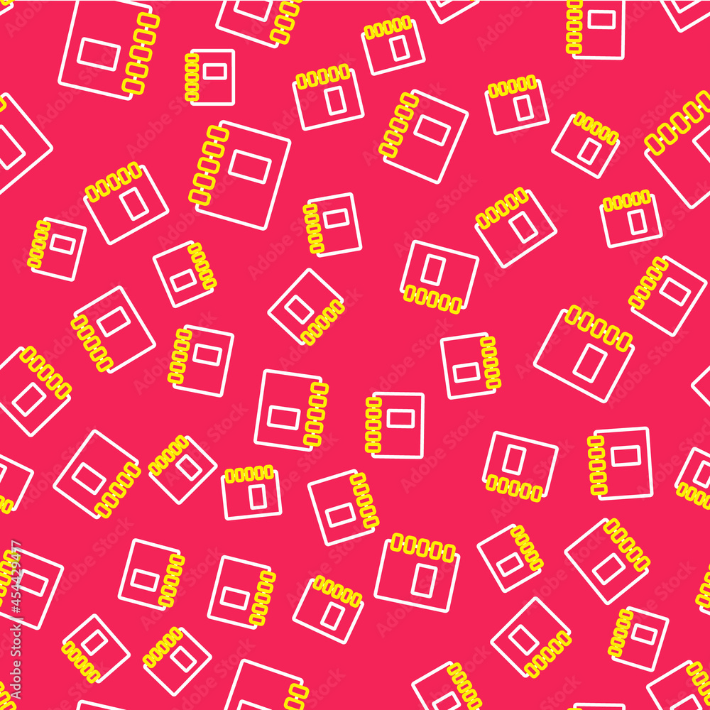Poster line notebook icon isolated seamless pattern on red background. spiral notepad icon. school notebook