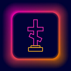 Obraz premium Glowing neon line Grave with cross icon isolated on black background. Colorful outline concept. Vector