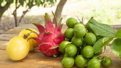 EXOTIC TROPICAL FRUITS SUCH AS QUENEPA, MAMONCILLO OR LIMONCILLO, PITAHAYA OR DRAGON FRUIT, PASSION...