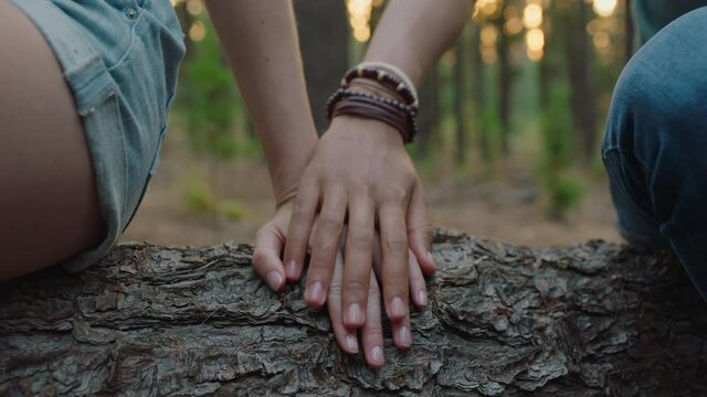 couple holding hands sitting on log in forest boyfriend and girlfriend sharing romantic connection in woods happy young lovers
