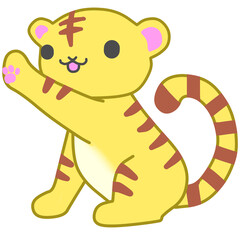 手を上に伸ばす座ったカワイイ小虎のイラスト