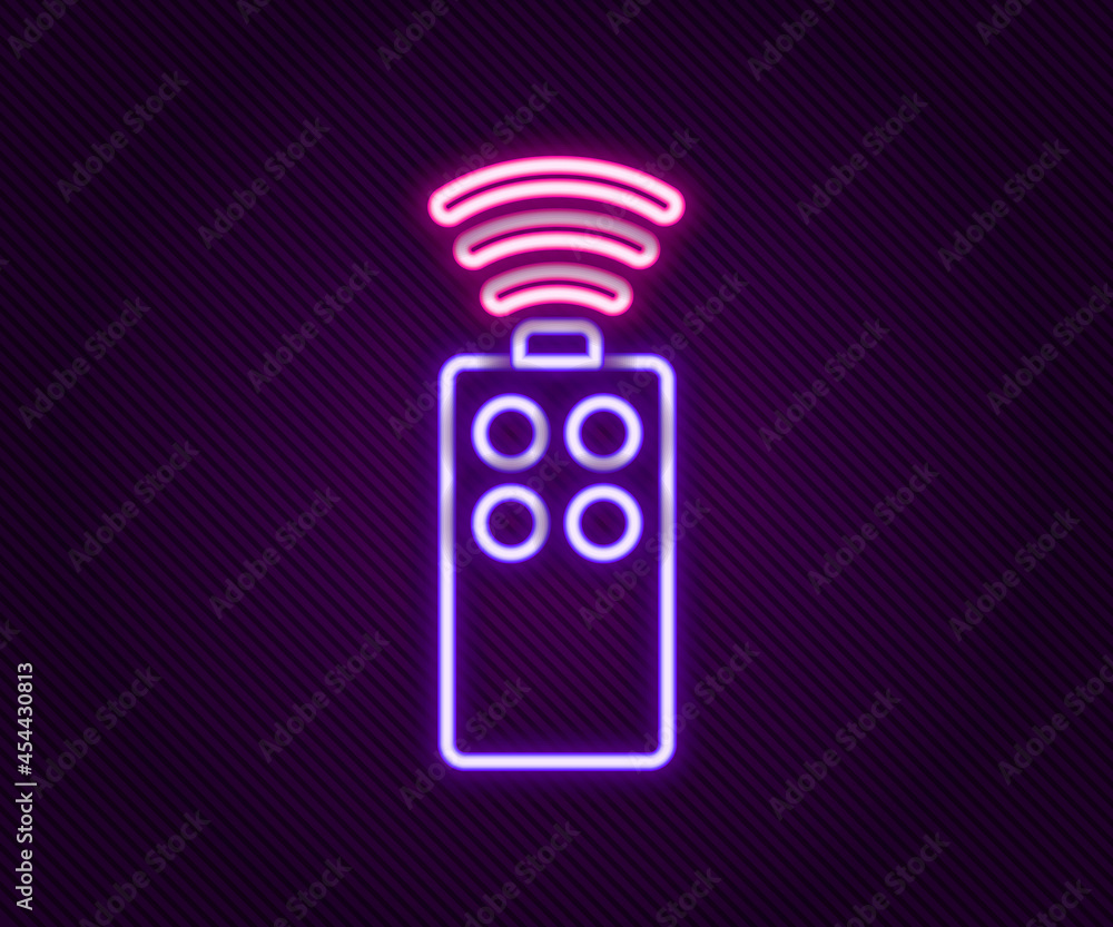 Poster glowing neon line remote control for the camera icon isolated on black background. an auxiliary devi