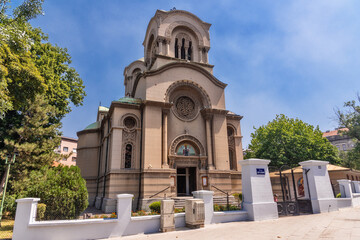 Fototapeta na wymiar Belgrade, Serbia August 08, 2021: Church of St. Alexander Nevsky. This is a Serbian Orthodox church in the Serbian capital of Belgrade. 