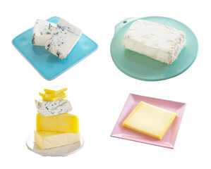 Group of cheese in ceramic dish on white background