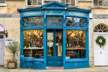 Christmas Showcase ideas, Restaurant, Christmas decoration, old, glass, antique Showcase, Restaurant painted in sea colors in Bath city, The United Kingdom