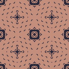 Vintage abstract seamless pattern. Vector illustration on a caramel and dark purple background with wavy stars and formed shapes. The design is used for packaging, textiles, wallpaper, clothing, paper