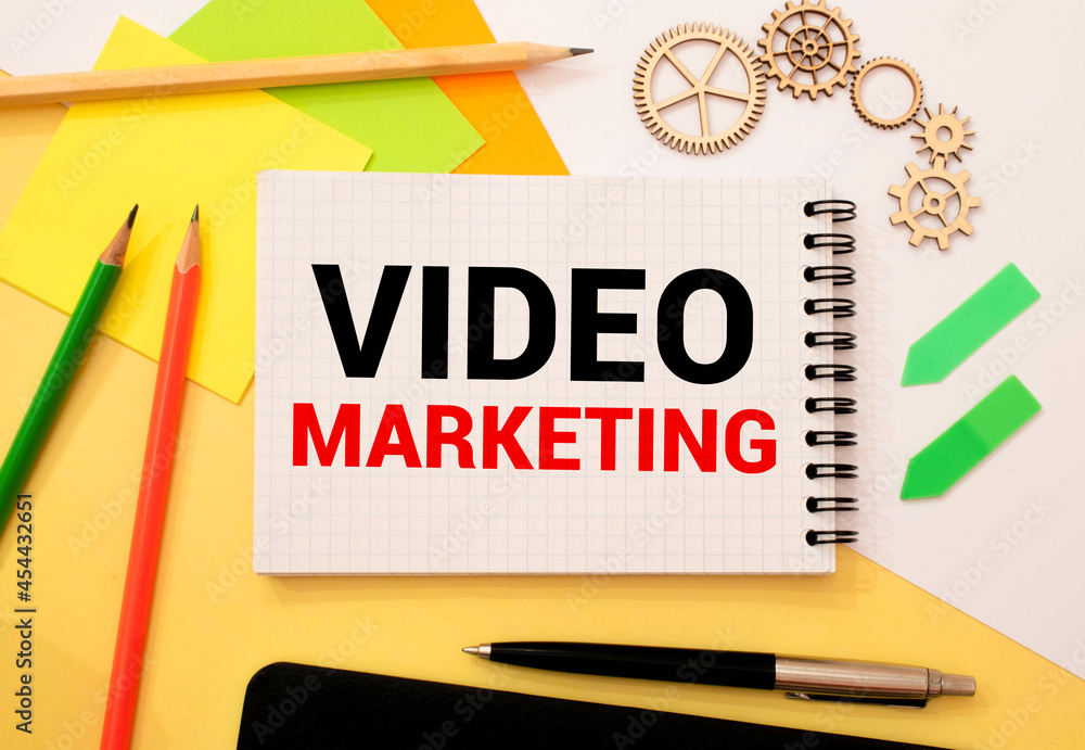 Poster notebook with tools and notes about video marketing
