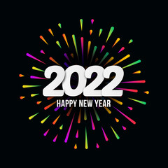 Vector Illustration 2022 HAPPY NEW YEAR - festive typographic composition and multicolored fireworks. Poster, banner, greeting card for print, template design for Merry Christmas, Year of the Tiger