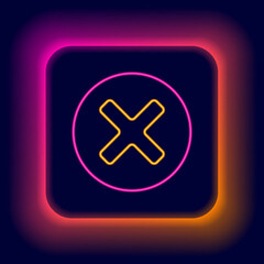 Glowing neon line X Mark, Cross in circle icon isolated on black background. Check cross mark icon. Colorful outline concept. Vector