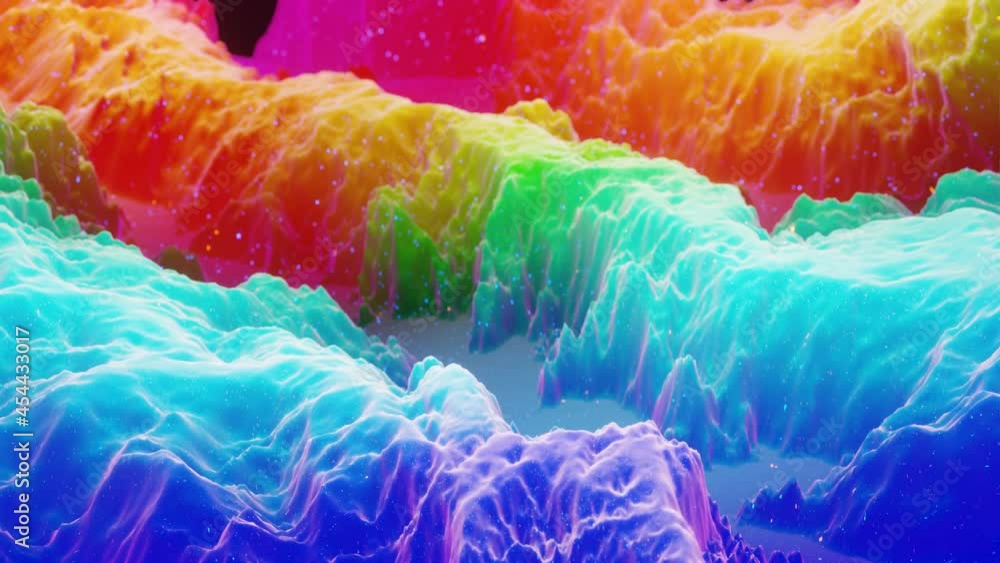 Poster beautiful abstract 3d surface with extrude or displace waves transform in loop. rainbow gradient. so