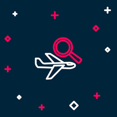 Line Airplane search icon isolated on blue background. Colorful outline concept. Vector