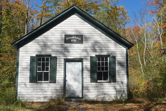 Millbrook Village, NJ / USA - 10/11/16: An abandoned 19th-century single-room school house at Millbrook Village, the historical farming site in Warren County, New Jersey.
