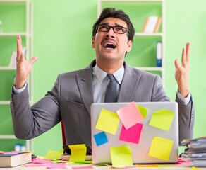 Businessman unhappy with many conflicting priorities sitting in
