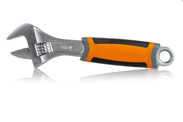 Wrench, adjustable wrench, metal with a comfortable non-slip handle, precise professional tool, isolated on a white background