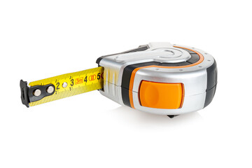 Tape measure, measuring ruler, construction measuring tape, isolated on a white background, close-up