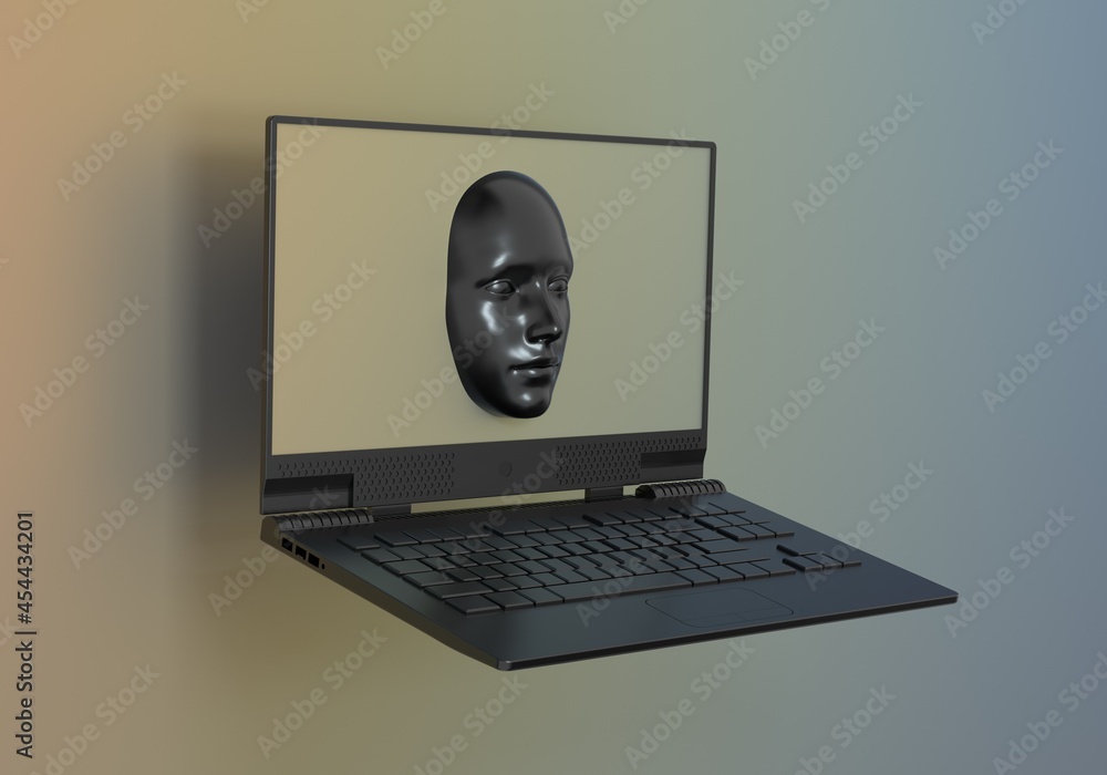 Aufkleber minimal surreal 3d illustration with a laptop and a face appearing from its screen. concept of cyber