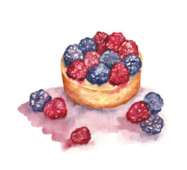 Berry tartlet with raspberries and blackberries. Watercolor illustration on white isolated background. For greeting cards, postcards, invitations, menu and packaging design, notebooks' covers. 