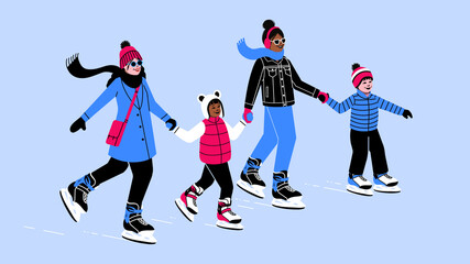 Family ice skating together. Queer family lesbian moms and children. Two moms boy girl ice skating rink doing winter sports. Holiday activity outdoor parents children