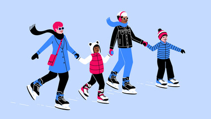 happy mixed queer family ice skating during holiday season wearing outdoor winter clothes. family Christmas activity winter wonderland. winter sports vacation together	