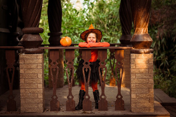 a small, beautiful girl, dressed as a witch with a pumpkin, for Halloween, plays on the porch of a wooden house