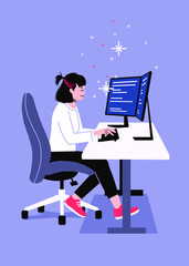 Software engineering sitting by computer.  two monitors on desk.  female software developer coding in front of screen.  computer science programmer typing.  work from home remote tech.
