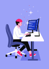 Software engineering sitting by computer.  two monitors on desk.  non binary character software developer coding in front of screen.  computer science programmer typing.  work from home remote tech.